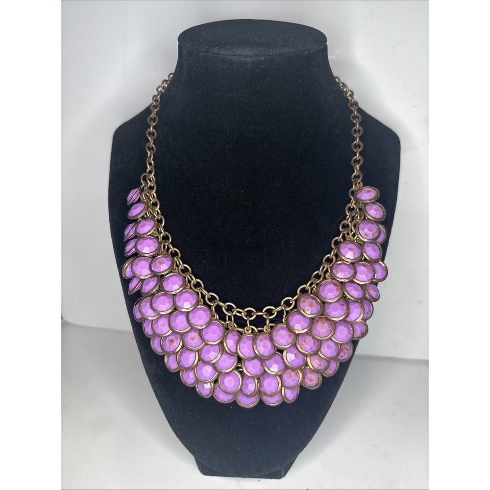 Purple Faceted Bib Statement Necklace Bronze Tone Chain 20" Boho Glam